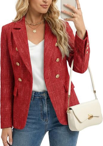 Women's Casual Blazer, Double Breasted, Long Sleeve, Work Office Suit Jacket, Tweed Blazer with Pockets in Kuwait