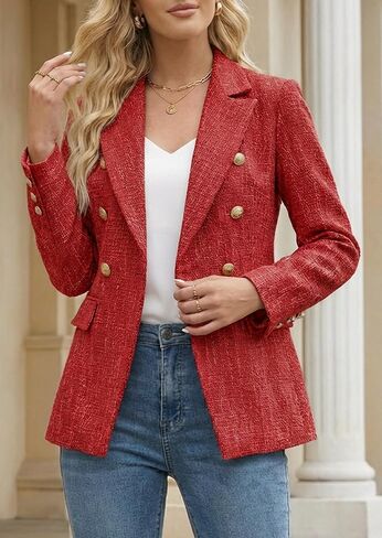 Women's Casual Blazer, Double Breasted, Long Sleeve, Work Office Suit Jacket, Tweed Blazer with Pockets in Kuwait