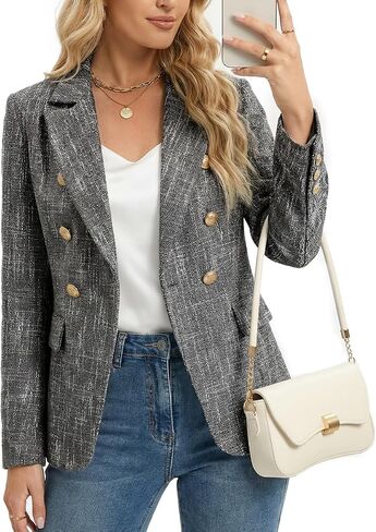 Women's Casual Blazer, Double Breasted, Long Sleeve, Work Office Suit Jacket, Tweed Blazer with Pockets in Kuwait
