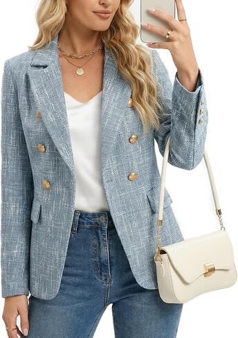 Women's Casual Blazer, Double Breasted, Long Sleeve, Work Office Suit Jacket, Tweed Blazer with Pockets in Kuwait