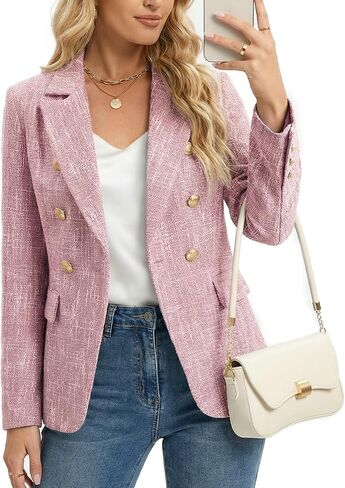 Women's Casual Blazer, Double Breasted, Long Sleeve, Work Office Suit Jacket, Tweed Blazer with Pockets in Kuwait