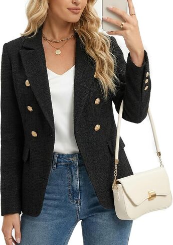 Women's Casual Blazer, Double Breasted, Long Sleeve, Work Office Suit Jacket, Tweed Blazer with Pockets in Kuwait