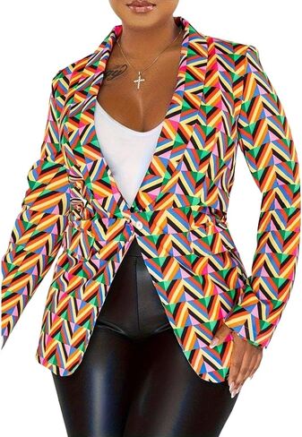 Geometric Print Blazer, Multicolor Pattern, Long Sleeve Business Casual Jacket in Saudi Arabia
