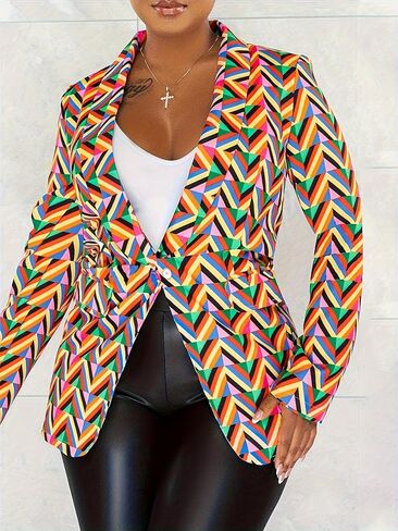 Geometric Print Blazer, Multicolor Pattern, Long Sleeve Business Casual Jacket in Saudi Arabia