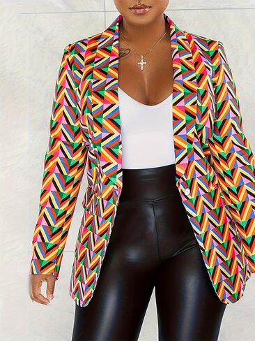 Geometric Print Blazer, Multicolor Pattern, Long Sleeve Business Casual Jacket in Saudi Arabia