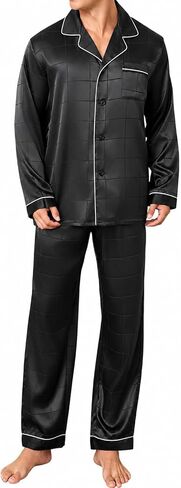 JupiterSecret Mens Silk Satin Pajamas Set Long Sleeve Button-Down Pjs Sets 2 Pieces Sleepwear with Pockets in Kuwait