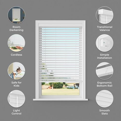 2.5" Cordless Faux Wood Blind, 31.75" W x 64" L - White, Plantation Style Venetian Blinds, Over 400 Custom Sizes Starting at $29.97, Room Darkening Shades for Interior Windows by Lumino in Saudi Arabia