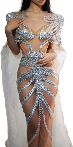 Luxury Rhinestone Sequin Stage Gown, Attached Fluffy Tulle Cape Sheer Mesh Performance Dress in Saudi Arabia