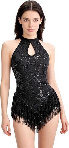 Womens High Neck Sexy Sequin Fringe Bodysuit Sparkly Latin Jazz Acrobat Show Dance Costume Music Festival Rave Outfits in Saudi Arabia