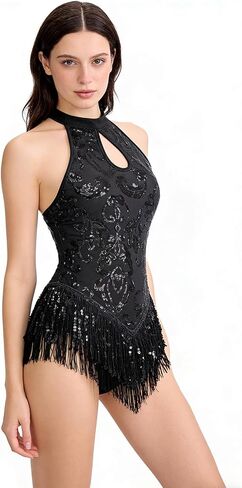 Womens High Neck Sexy Sequin Fringe Bodysuit Sparkly Latin Jazz Acrobat Show Dance Costume Music Festival Rave Outfits in Saudi Arabia
