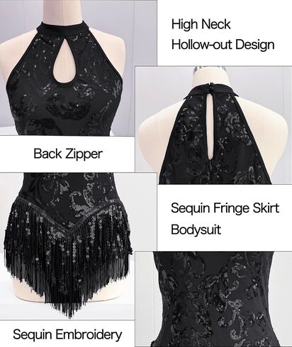Womens High Neck Sexy Sequin Fringe Bodysuit Sparkly Latin Jazz Acrobat Show Dance Costume Music Festival Rave Outfits in Saudi Arabia