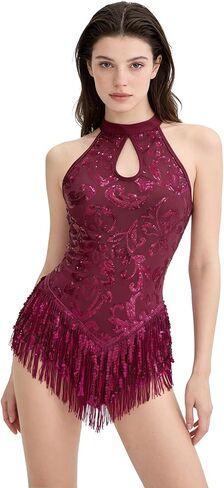 Womens High Neck Sexy Sequin Fringe Bodysuit Sparkly Latin Jazz Acrobat Show Dance Costume Music Festival Rave Outfits in Saudi Arabia