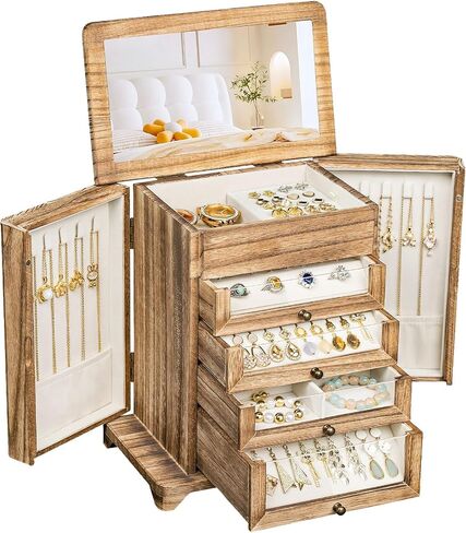 Large Jewelry Box & Organizer for Women, Wooden Jewelry Storage with 4 Transparent Drawers, Holds Necklaces, Rings, Bracelets, Earrings and Watches(Brown) in Saudi Arabia