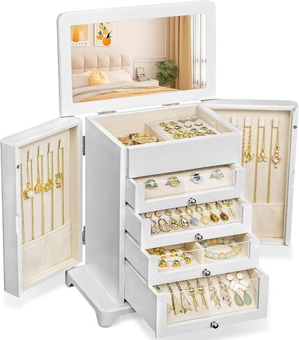 Large Jewelry Box & Organizer for Women, Wooden Jewelry Storage with 4 Transparent Drawers, Holds Necklaces, Rings, Bracelets, Earrings and Watches(Brown) in Saudi Arabia
