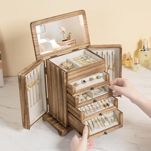 Large Jewelry Box & Organizer for Women, Wooden Jewelry Storage with 4 Transparent Drawers, Holds Necklaces, Rings, Bracelets, Earrings and Watches(Brown) in Saudi Arabia
