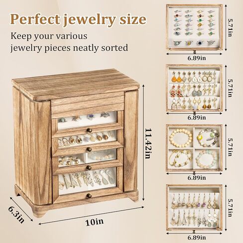 Large Jewelry Box & Organizer for Women, Wooden Jewelry Storage with 4 Transparent Drawers, Holds Necklaces, Rings, Bracelets, Earrings and Watches(Brown) in Saudi Arabia