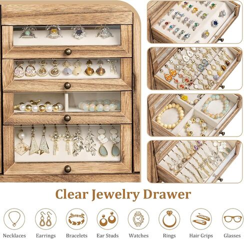 Large Jewelry Box & Organizer for Women, Wooden Jewelry Storage with 4 Transparent Drawers, Holds Necklaces, Rings, Bracelets, Earrings and Watches(Brown) in Saudi Arabia