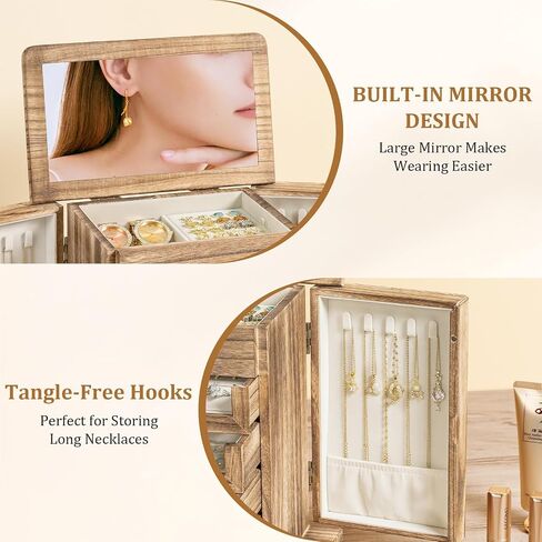 Large Jewelry Box & Organizer for Women, Wooden Jewelry Storage with 4 Transparent Drawers, Holds Necklaces, Rings, Bracelets, Earrings and Watches(Brown) in Saudi Arabia
