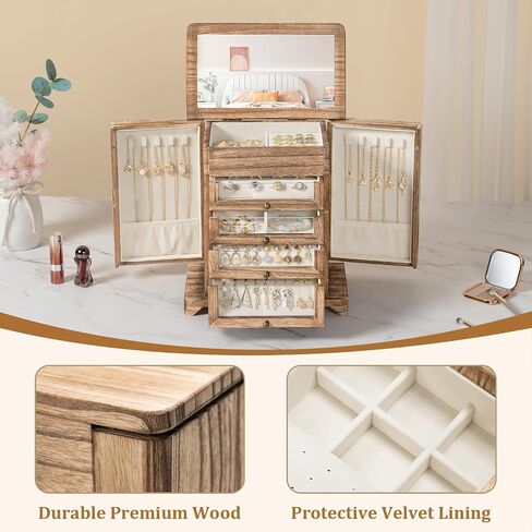 Large Jewelry Box & Organizer for Women, Wooden Jewelry Storage with 4 Transparent Drawers, Holds Necklaces, Rings, Bracelets, Earrings and Watches(Brown) in Saudi Arabia