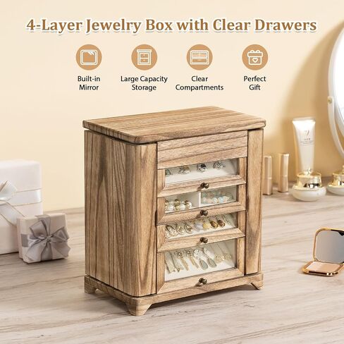 Large Jewelry Box & Organizer for Women, Wooden Jewelry Storage with 4 Transparent Drawers, Holds Necklaces, Rings, Bracelets, Earrings and Watches(Brown) in Saudi Arabia