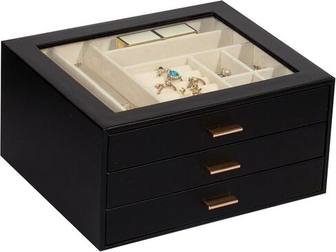 Jewelry Box with Glass Lid,3-Layer Jewelry Boxes for Women,PU Leather Jewelry Organizer with 20-Grid Earring Drawer & Movable Dividers for Necklaces Rings - Cloud White in Saudi Arabia