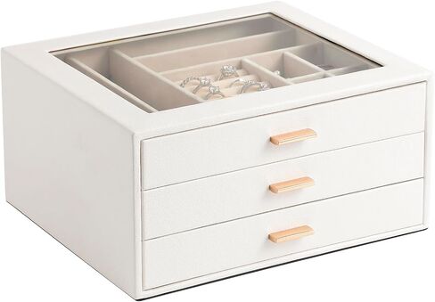 Jewelry Box with Glass Lid,3-Layer Jewelry Boxes for Women,PU Leather Jewelry Organizer with 20-Grid Earring Drawer & Movable Dividers for Necklaces Rings - Cloud White in Kuwait