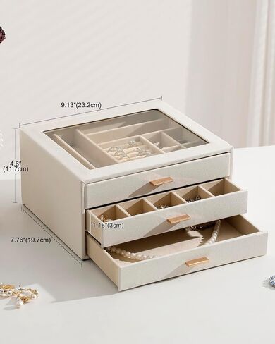 Jewelry Box with Glass Lid,3-Layer Jewelry Boxes for Women,PU Leather Jewelry Organizer with 20-Grid Earring Drawer & Movable Dividers for Necklaces Rings - Cloud White in Kuwait