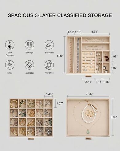 Jewelry Box with Glass Lid,3-Layer Jewelry Boxes for Women,PU Leather Jewelry Organizer with 20-Grid Earring Drawer & Movable Dividers for Necklaces Rings - Cloud White in Kuwait
