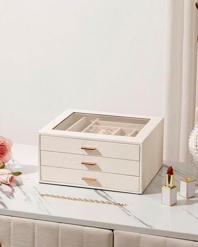 Jewelry Box with Glass Lid,3-Layer Jewelry Boxes for Women,PU Leather Jewelry Organizer with 20-Grid Earring Drawer & Movable Dividers for Necklaces Rings - Cloud White in Kuwait