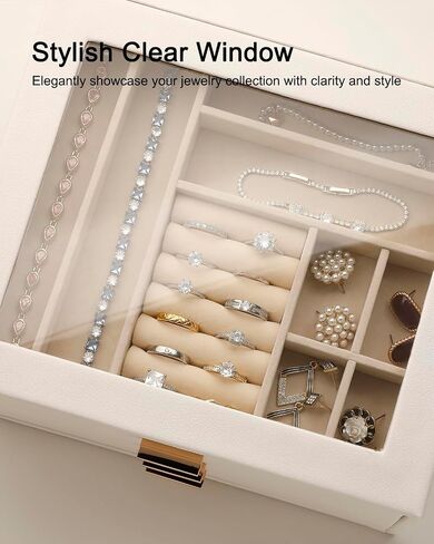 Jewelry Box with Glass Lid,3-Layer Jewelry Boxes for Women,PU Leather Jewelry Organizer with 20-Grid Earring Drawer & Movable Dividers for Necklaces Rings - Cloud White in Kuwait