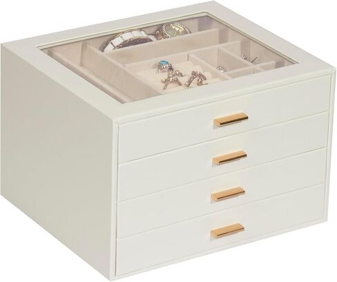 Jewelry Box with Glass Lid,3-Layer Jewelry Boxes for Women,PU Leather Jewelry Organizer with 20-Grid Earring Drawer & Movable Dividers for Necklaces Rings - Cloud White in Kuwait