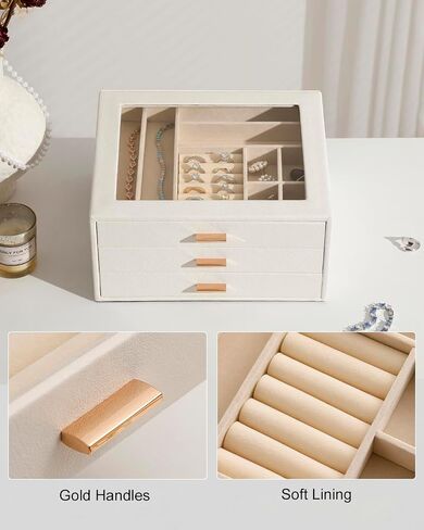 Jewelry Box with Glass Lid,3-Layer Jewelry Boxes for Women,PU Leather Jewelry Organizer with 20-Grid Earring Drawer & Movable Dividers for Necklaces Rings - Cloud White in Kuwait