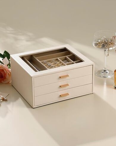 Jewelry Box with Glass Lid,3-Layer Jewelry Boxes for Women,PU Leather Jewelry Organizer with 20-Grid Earring Drawer & Movable Dividers for Necklaces Rings - Cloud White in Kuwait