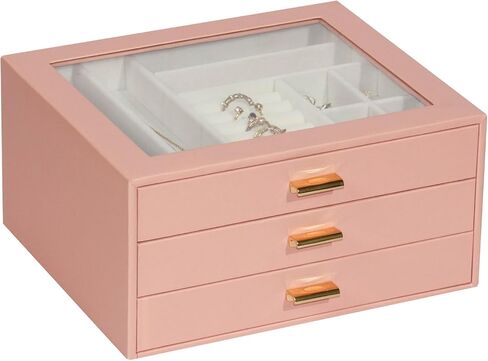 Jewelry Box with Glass Lid,3-Layer Jewelry Boxes for Women,PU Leather Jewelry Organizer with 20-Grid Earring Drawer & Movable Dividers for Necklaces Rings - Cloud White in Kuwait