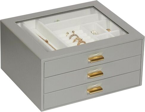 Jewelry Box with Glass Lid,3-Layer Jewelry Boxes for Women,PU Leather Jewelry Organizer with 20-Grid Earring Drawer & Movable Dividers for Necklaces Rings - Cloud White in Kuwait