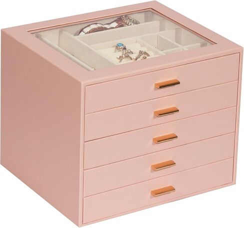 Jewelry Box with Glass Lid,3-Layer Jewelry Boxes for Women,PU Leather Jewelry Organizer with 20-Grid Earring Drawer & Movable Dividers for Necklaces Rings - Cloud White in Kuwait
