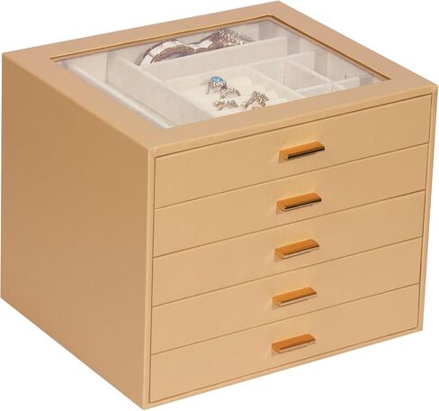 Jewelry Box with Glass Lid,3-Layer Jewelry Boxes for Women,PU Leather Jewelry Organizer with 20-Grid Earring Drawer & Movable Dividers for Necklaces Rings - Cloud White in Kuwait