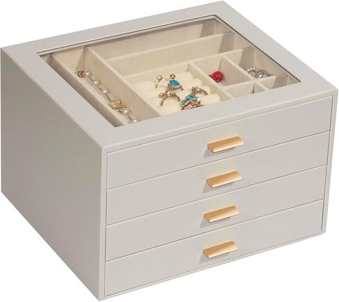 Jewelry Box with Glass Lid,3-Layer Jewelry Boxes for Women,PU Leather Jewelry Organizer with 20-Grid Earring Drawer & Movable Dividers for Necklaces Rings - Cloud White in Kuwait
