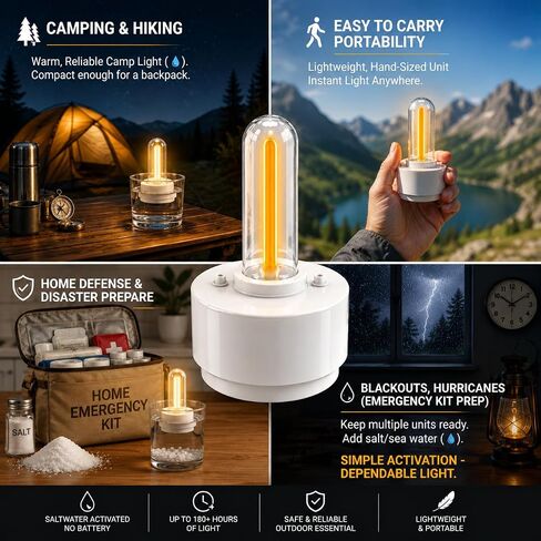 Battery-Free Salt Water Emergency Light - Instant On with Salt & Water, Portable Waterproof Survival Lantern for Camping, Power Outages, Hurricanes & Outdoor Adventures in Kuwait