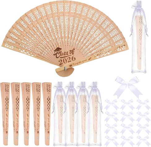 Roowest 12 Sets /37 Pcs Class of 2026 Graduation Fans Wooden Hand Held Fan Favors for Guests Grad 2026 Gifts with Table Sign Organza Bags White Ribbon Bows Graduation Party Decorations Souvenirs Gift in Kuwait