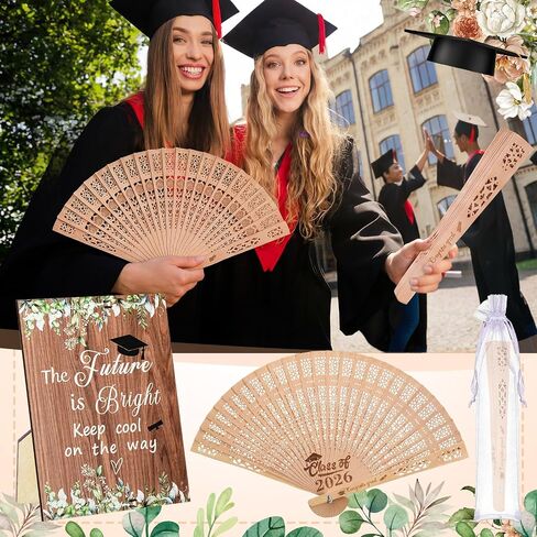 Roowest 12 Sets /37 Pcs Class of 2026 Graduation Fans Wooden Hand Held Fan Favors for Guests Grad 2026 Gifts with Table Sign Organza Bags White Ribbon Bows Graduation Party Decorations Souvenirs Gift in Kuwait