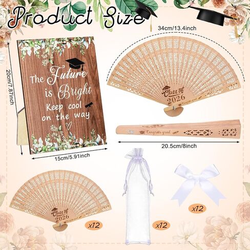 Roowest 12 Sets /37 Pcs Class of 2026 Graduation Fans Wooden Hand Held Fan Favors for Guests Grad 2026 Gifts with Table Sign Organza Bags White Ribbon Bows Graduation Party Decorations Souvenirs Gift in Kuwait
