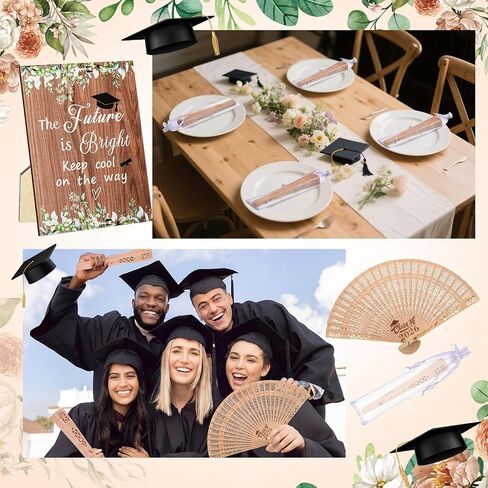 Roowest 12 Sets /37 Pcs Class of 2026 Graduation Fans Wooden Hand Held Fan Favors for Guests Grad 2026 Gifts with Table Sign Organza Bags White Ribbon Bows Graduation Party Decorations Souvenirs Gift in Kuwait