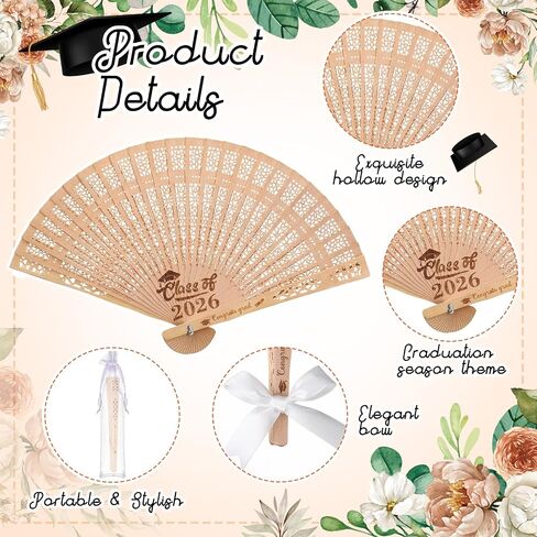Roowest 12 Sets /37 Pcs Class of 2026 Graduation Fans Wooden Hand Held Fan Favors for Guests Grad 2026 Gifts with Table Sign Organza Bags White Ribbon Bows Graduation Party Decorations Souvenirs Gift in Kuwait