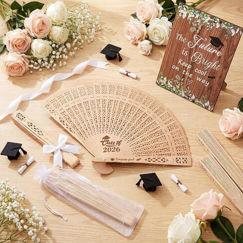 Roowest 12 Sets /37 Pcs Class of 2026 Graduation Fans Wooden Hand Held Fan Favors for Guests Grad 2026 Gifts with Table Sign Organza Bags White Ribbon Bows Graduation Party Decorations Souvenirs Gift in Kuwait
