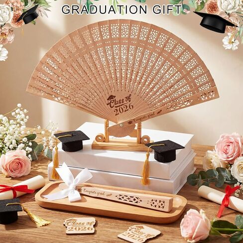 Roowest 12 Sets /37 Pcs Class of 2026 Graduation Fans Wooden Hand Held Fan Favors for Guests Grad 2026 Gifts with Table Sign Organza Bags White Ribbon Bows Graduation Party Decorations Souvenirs Gift in Kuwait