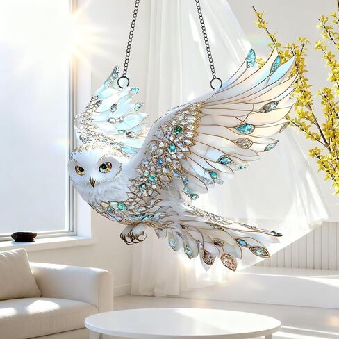 1PC White Owl Acrylic Suncatcher Hanging, 7.08 inch Window Decor with Printed Stained Glass Style Design, Rainbow Maker Wall Art, Gift Idea & Garden Ornament Indoor Outdoor Use/DW-38 in Kuwait