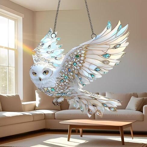 1PC White Owl Acrylic Suncatcher Hanging, 7.08 inch Window Decor with Printed Stained Glass Style Design, Rainbow Maker Wall Art, Gift Idea & Garden Ornament Indoor Outdoor Use/DW-38 in Kuwait