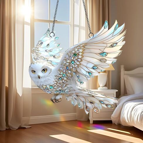 1PC White Owl Acrylic Suncatcher Hanging, 7.08 inch Window Decor with Printed Stained Glass Style Design, Rainbow Maker Wall Art, Gift Idea & Garden Ornament Indoor Outdoor Use/DW-38 in Kuwait