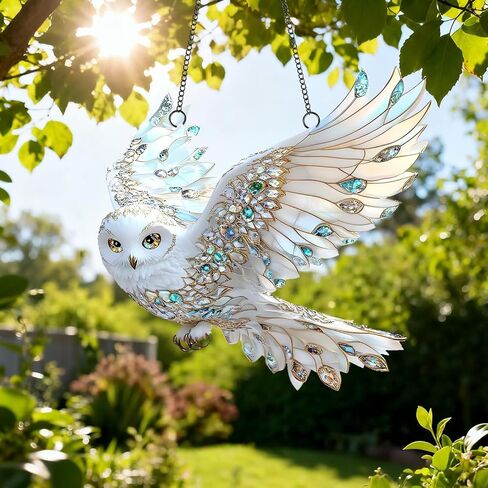 1PC White Owl Acrylic Suncatcher Hanging, 7.08 inch Window Decor with Printed Stained Glass Style Design, Rainbow Maker Wall Art, Gift Idea & Garden Ornament Indoor Outdoor Use/DW-38 in Kuwait